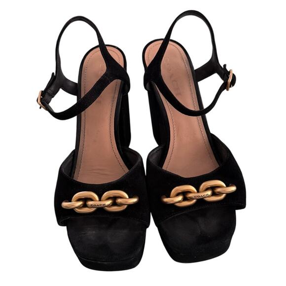 Coach Nicolette Sandal Gold Chain Black Suede 4.75"Block Heel 1.25"Platform-9.5 - Picture 2 of 8
